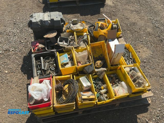 Lot 2-40487 - Lot of assorted items including hardware, cord plugs, plastic battery box, hand crank winch, and mor...