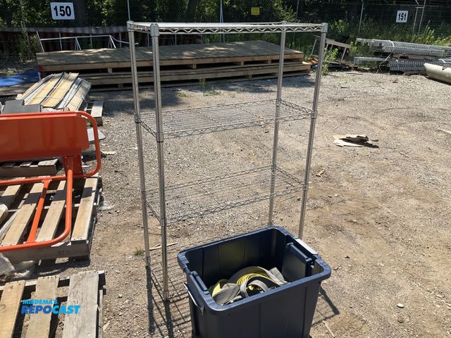 Lot 2-99344 - (2) 4 shelf metal storage rack and a box of racket straps