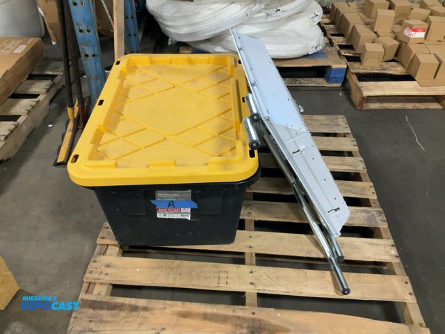 Lot 2-74934 - Lot of bin filled with assorted Tupperware, (1) square light panel, and (2) table legs