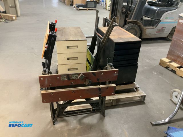 Lot 2-74732 - Pair of Steel Storage Cabinets with Contents and 3 Folding Workbenches