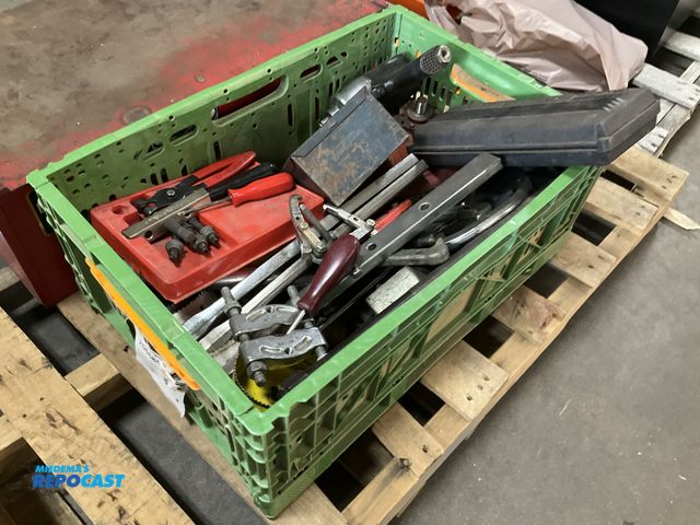 Lot 2-91353 - Plastic crate full of miscellaneous tools including a screwdriver, craftsman clutch tool, etc.