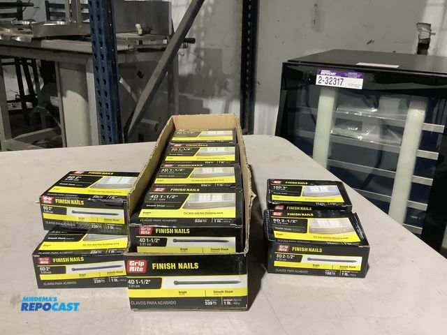 Lot 2-13806 - (8) 1lb Boxes of Grip Rite 4d 1-1/2” Finish Nails, (3) 6d 2”, (1) 8d 2-1/2”, (1) 10d 3”.