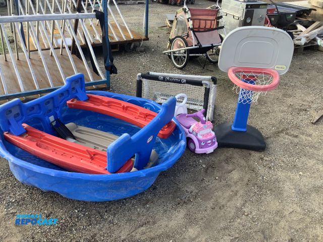 Lot 2-27863 - Lot of children’s toys/activities: mini basketball hoop, kitty pool, (2) mini nets, picnic table, ri...