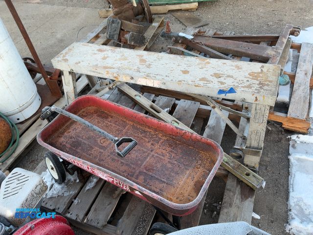 Lot 2-19370 - Skid Lot Including Vintage Flexible Flyer Wagon, Levels, and a Foldable Metal Work Bench