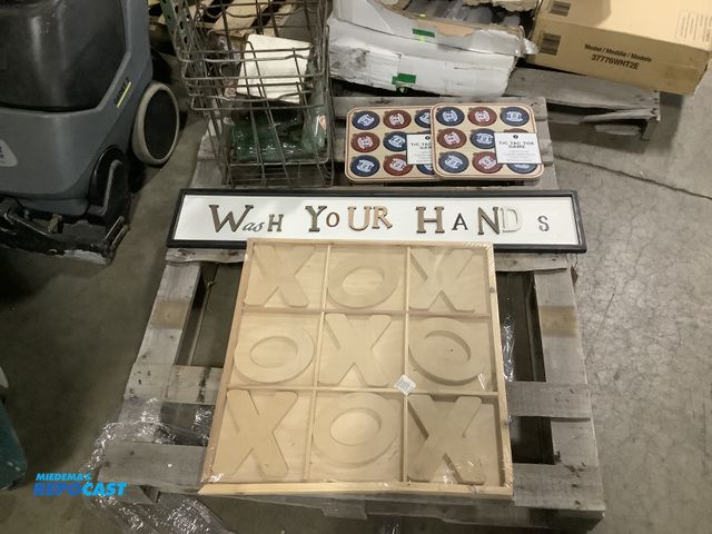 Lot 2-23100 - Skid lot of various items including: vintage glass bottles, “wash you hands” hanging wall sign, (3) ...