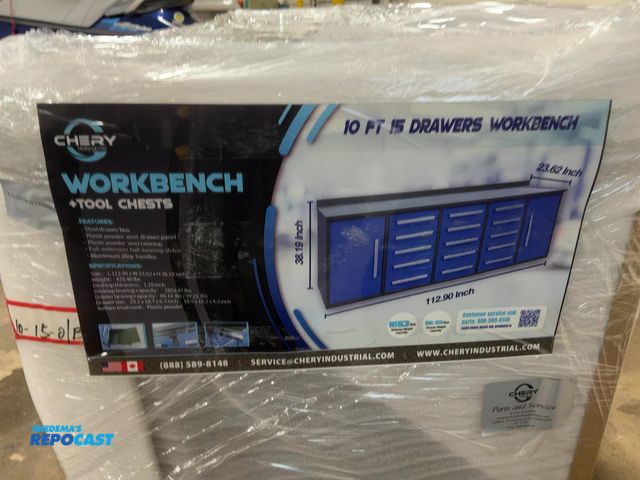 Lot 2-44248 - New Chery Industrial 9'5" 15-Drawer Steel Workbench, Blue Cabinet Doors and Drawer Fronts, Two Cabin...