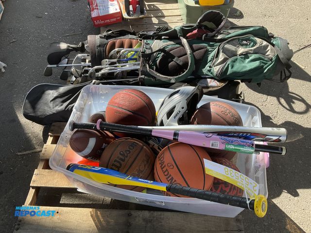 Lot 2-55538 - Skid lot of assorted sporting goods. Includes golf clubs, balls, bats etc. All proceeds go to Helen ...