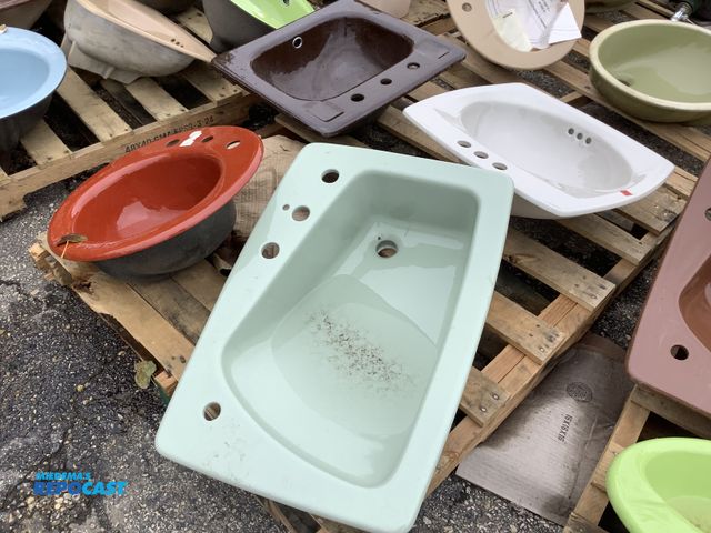 Lot 2-33768 - Skid of (4) ceramic sinks multi color including orange, blue, white, brown