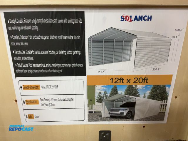 Lot 2-42717 - New SDLANCH 12’x20’ Carport with Enclosed Sidewalls, Cream Color, 141.7” wide x 236.2” deep x 100.8”...