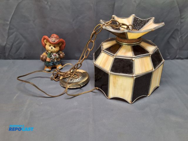 Lot 2-27875 - VINTAGE-STAINED GLASS SWAG LAMP