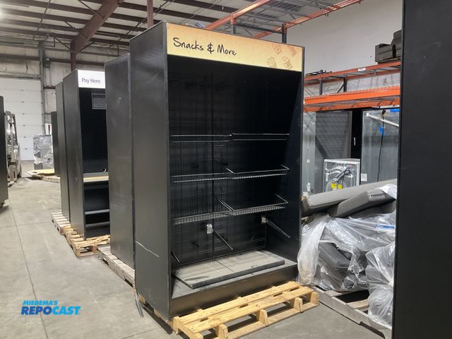 Lot 2-74407 - Mini snack market wooden storage unit with assorted plastic organization bins approx. 4.2’ x 2’ x 6....