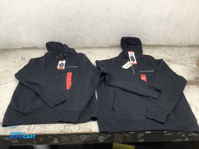 Lot 2-19613 - 2 John deer black quarter zip sweatshirt, size medium
