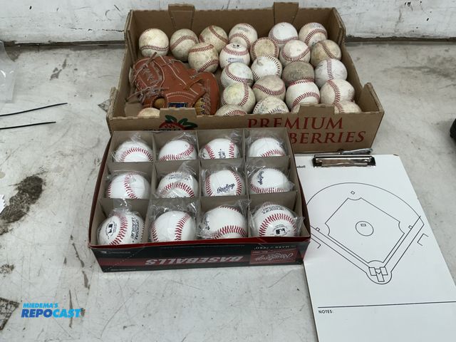 Lot 2-76609 - Lot of (4) 12 new Rawlings baseballs, a small baseball glove, 24 used baseballs, and a baseball fiel...
