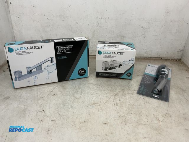Lot 2-74133 - New Dura Faucet RV Lavatory Faucet (model DF-PL700A-CP) and Two Handle RV Kitchen Faucet (Model DF-P...