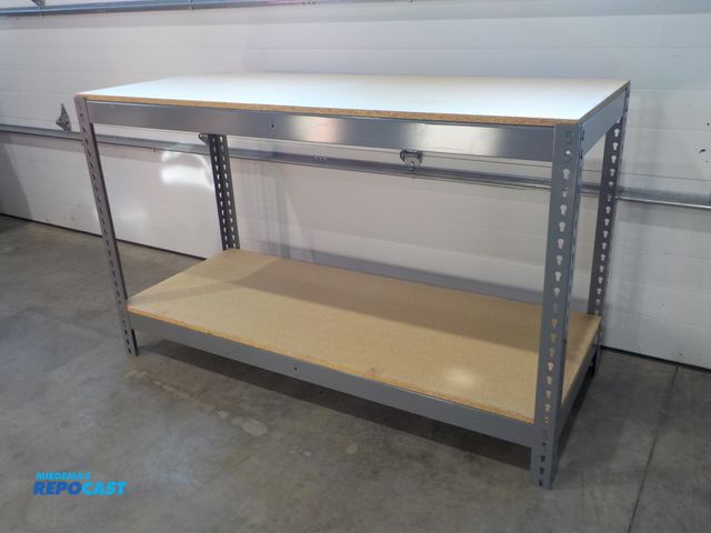 Lot 2-34138 - Metal frame two shelf storage rack. Wood shelves. Adjustable. 60" w x 24" d x 36" h