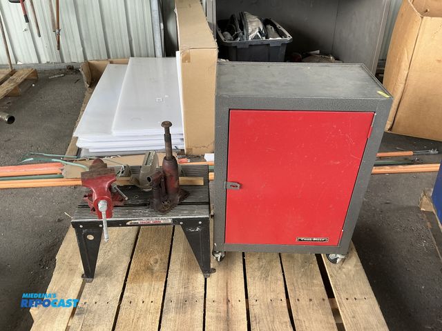 Lot 2-76323 - Lot of (1) Test Rite Rolling Storage Cabinet - 19.5” x 11” x 27.75”, (1) 4” Bench Vise, (1) Bottle J...