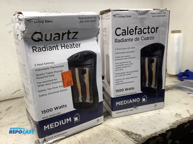 Lot 2-94981 - Lot of (2) Living Zone Quartz Radiant Heaters – 1500W - Model #BFGF-15D (damaged
box, appears unused...
