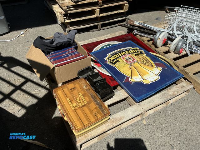 Lot 2-35605 - Skid of Items including Double Action Tackle box, Bins, Fishing Books, and Assorted Beer Signs