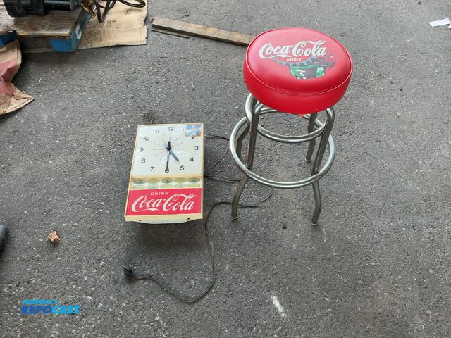 Lot 2-96754 - Vintage Coca-Cola Clock, needs repair, not working. Includes Coca-Cola Stool Seat.