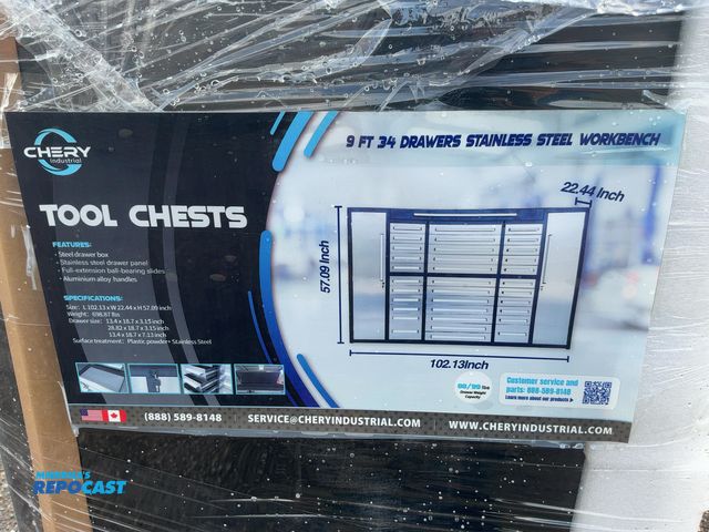 Lot 2-40980 - New Chery Industrial 8'6" 34-Drawer Steel Tool Chest, Stainless Steel Drawer Fronts/Doors, Full-Exte...