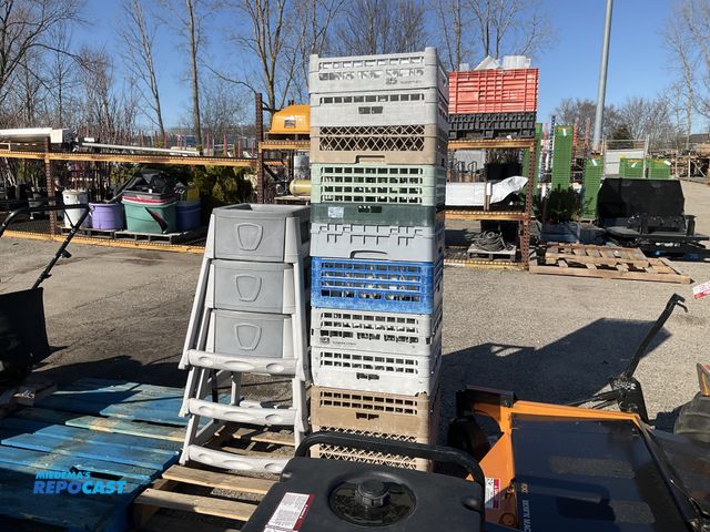 Lot 2-73239 - Skid lot of (3) plastic baby booster high chairs and assorted colored plastic stackable crates with ...