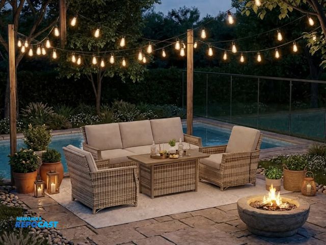 Lot 2-75827 - Skid lot of brand new full 4 pieces beige patio set with mesh framing B24UG10038-01 KRLYOT297BG
