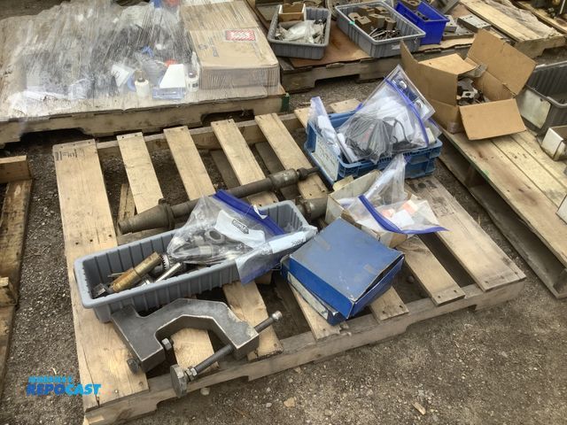 Lot 2-32831 - Skid lot of misc. industrial items including clamp, horizontal milking machine arbor, drilling compo...