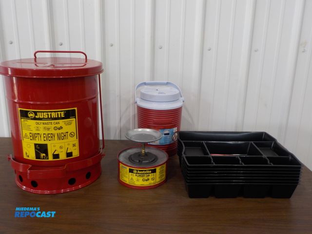 Lot 2-34220 - JustRIte oily waste can - six gallon capacity, JustRite plunger can, (7) Rubbermaid deep drawer orga...