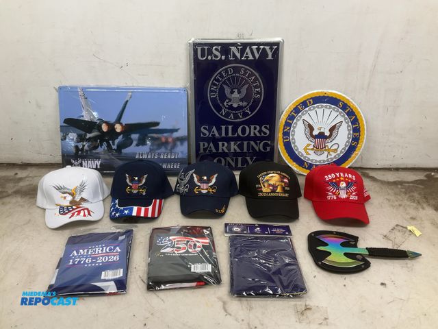 Lot 2-32918 - 1- 12” x 16” sailor parking sign 1- 12” x 16” navy sign 1- 12” round navy sign 1- 3’ x 5’ cloth navy...