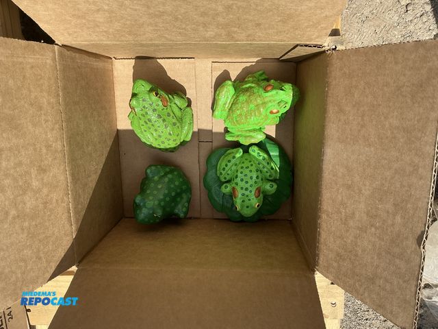 Lot 2-76893 - Box of (4) cement Frog Yard Art