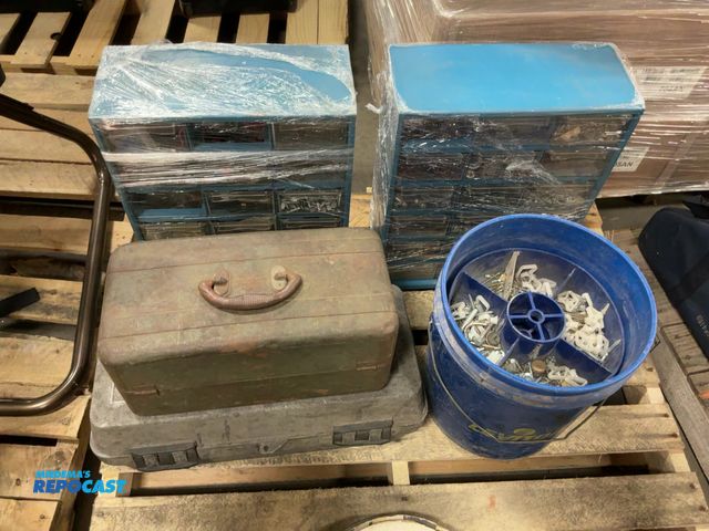 Lot 2-67754 - Bucket organizer with misc. hardware, plastic toolbox, metal toolbox, (2) 18-drawer parts drawers wi...