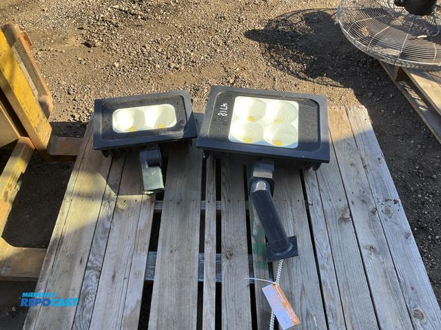 Lot 2-40801 - (2) LED exterior light fixtures, one is a model no. E-FFA26A-TW50Z 120-277 volt single phase electri...