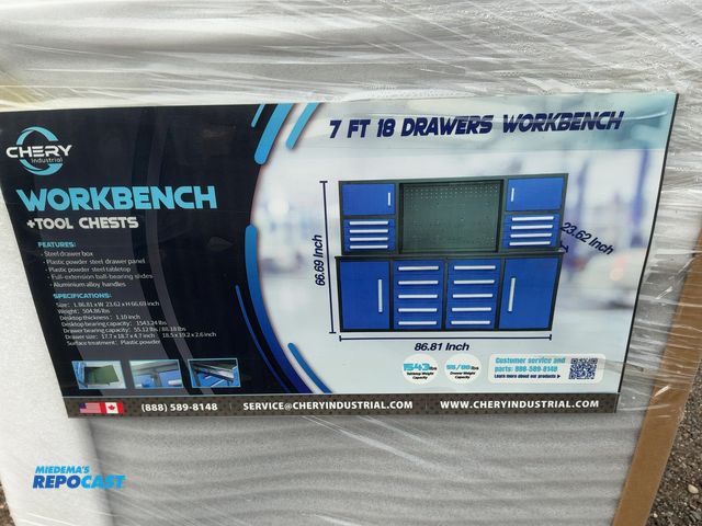Lot 2-21051 - New Chery Industrial 7' 18-Drawer Steel Workbench, Blue Drawer Fronts/Doors, Full Extension Ball-Bea...