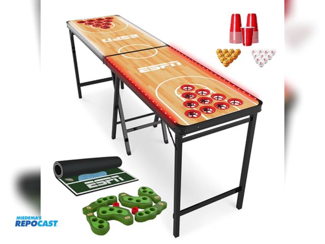 Lot 2-27329 - ESPN 18FT foldable LED (with 3 modes) Pong table with basketball playfield  combo