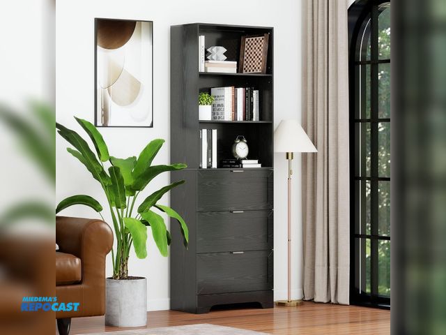 Lot 2-33636 - FTZxHKLX Modern Black Bookshelf with Drawers (Model FBC0001)