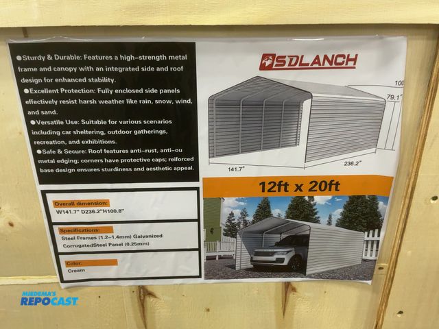 Lot 2-41623 - New SDLANCH 12’x20’ Carport with Enclosed Sidewalls, Cream Color, 141.7” wide x 236.2” deep x 100.8”...