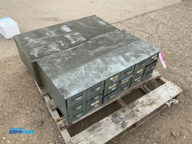 Lot 2-22091 - (2) Metal 18-Drawer Bolt / Hardware Bin Organizer Cabinets, one is missing two drawers, 34”x17”x10-3...