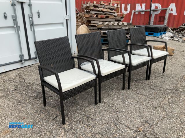 Lot 2-91381 - Lot of (4) dark outdoor wicker chairs with white cushions