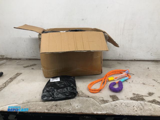 Lot 2-69642 - Box of orange pet leashes with purple handles