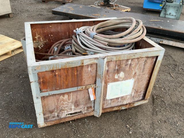 Lot 2-40661 - Wood and Metal Crate with Assorted Used Air Hoses, most have 3/4 twist lock air fittings, crate is a...