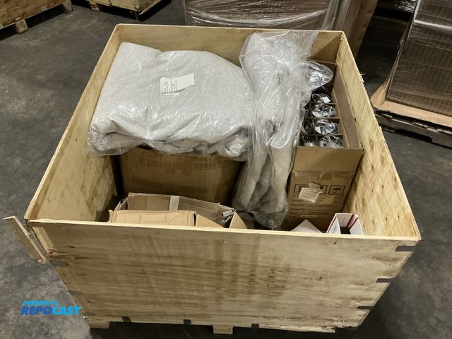 Lot 2-99392 - Crate with Cat 5 Cables, Light Grey Blankets, (10) QAI Dream Lighting Light Fixtures, miscellaneous ...