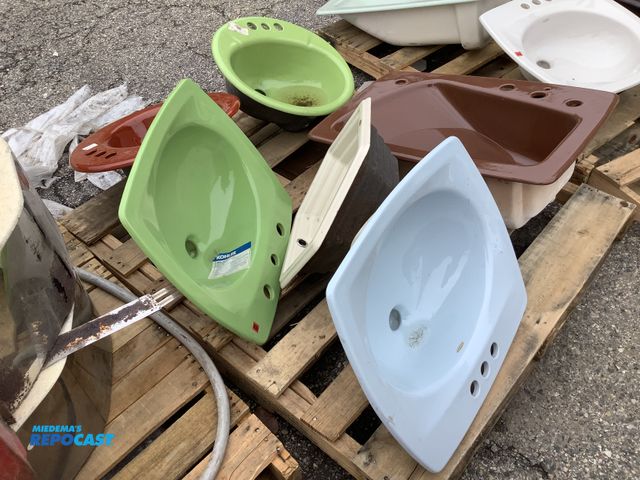 Lot 2-33769 - Skid of (6) ceramic sinks multi color including green, blue, brown, orange, cream