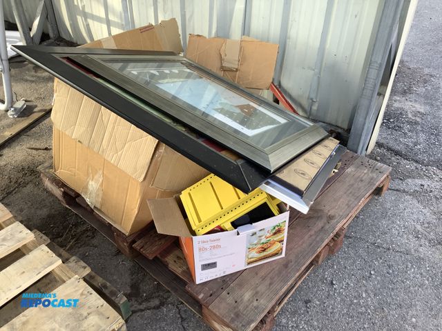 Lot 2-93293 - Skid lot of (4) framed pictures/paintings and (1) box of various home goods like a toaster blender p...