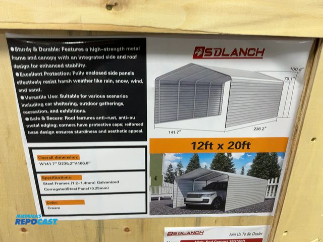 Lot 2-21880 - New SDLANCH 12’x20’ Carport with Enclosed Sidewalls, Cream Color, 141.7” wide x 236.2” deep x 100.8”...