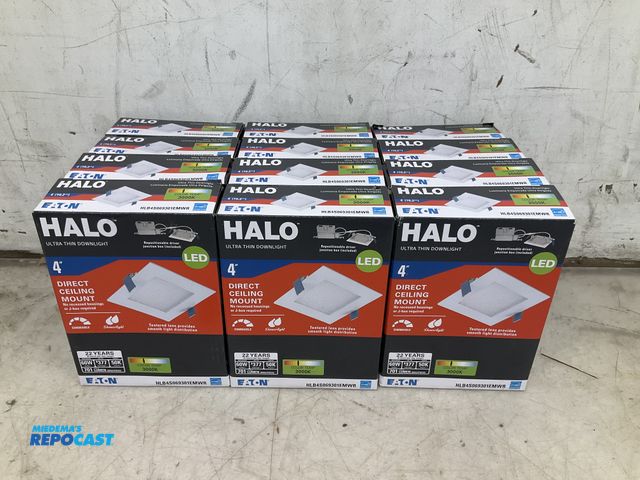 Lot 2-34580 - Lot of (2) boxes of halo ultra thin Downlight with direct ceiling mount 4” square light fixtures