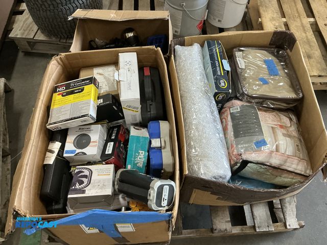 Lot 2-24677 - Skid lot of miscellaneous items including: x-31 shockwave drone, tv converter, auto soap dispenser, ...