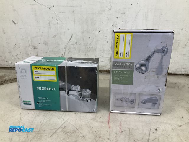 Lot 2-79845 - Peerless two handle center set chrome lavatory faucet and oak Brooke essentials chrome tub and showe...