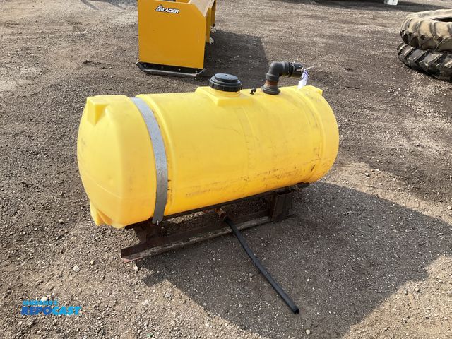 Lot 2-30394 - 100 gallon poly tank mounted on a steel frame, top fill, bottom discharge, used