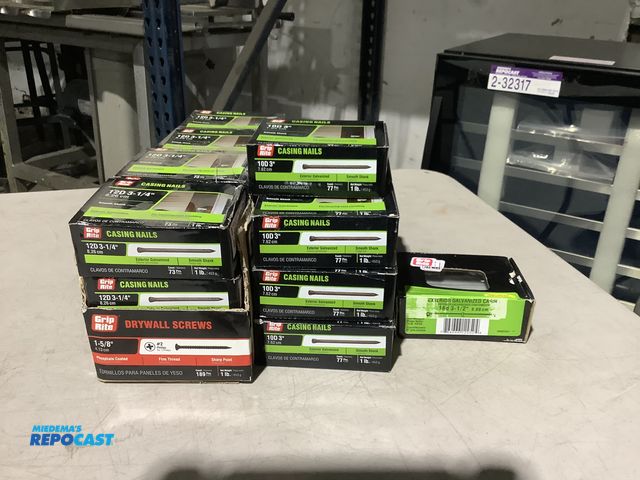 Lot 2-13810 - (12) 1lb Boxes of Grip Rite 12d 3-1/4” Casing Nails, (7) 10d 3”, (1) 16d 3-1/2”.