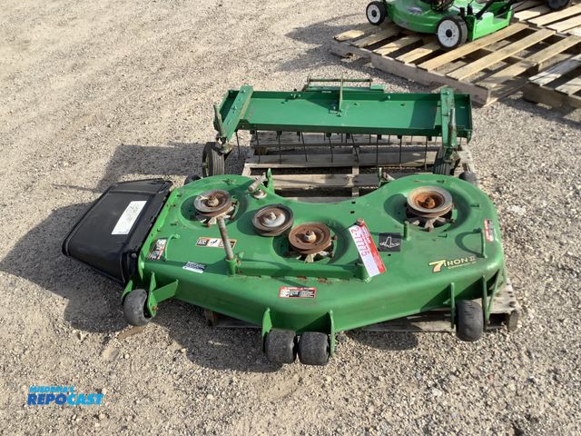 Lot 2-76770 - Lot of 7 iron 2 commercial 48” deck and pull behind lawn aerator tool.